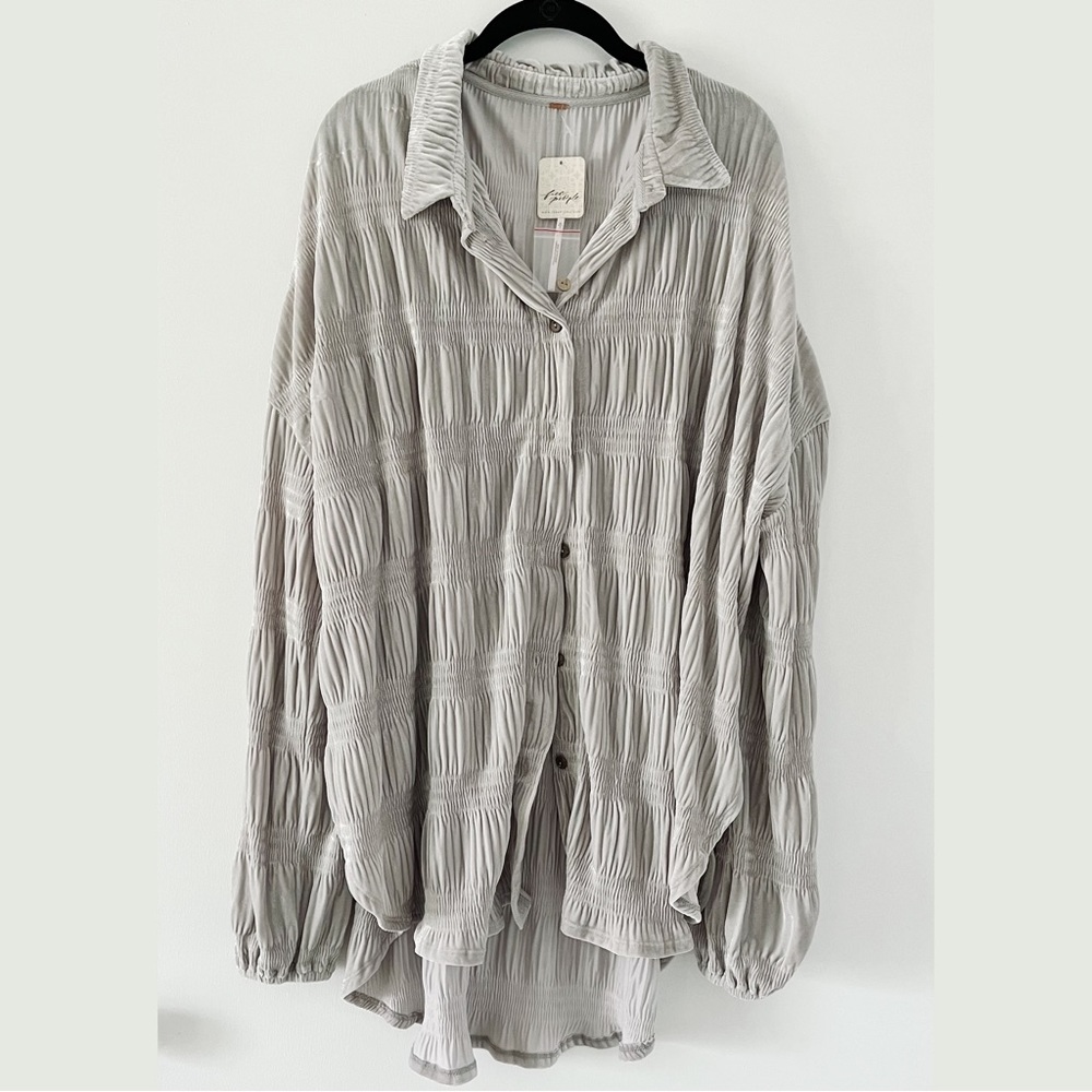 NWT Free People My Best Top - Velvet Button Front Top in Winter Fog - Large - Picture 2 of 14